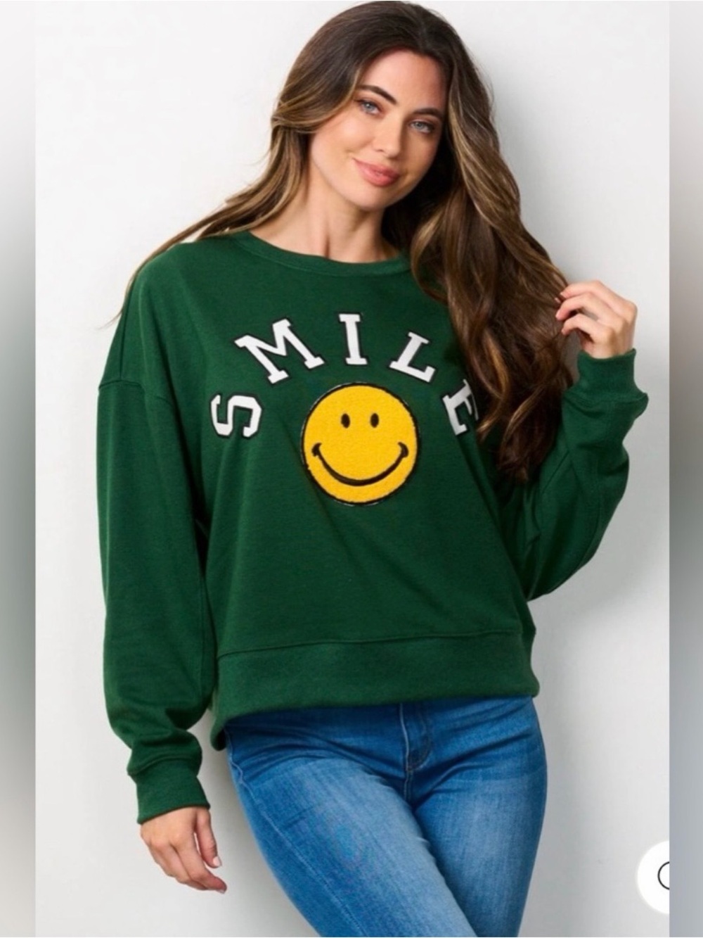 ⚡️Altar’d State Smile Graphic Pullover Sweatshirt - Dark Green